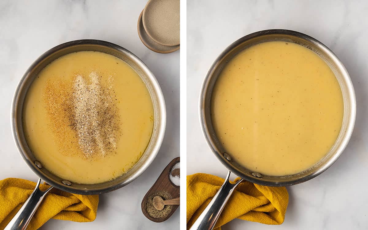 Set of two photos showing seasoning added to the pan of gravy.
