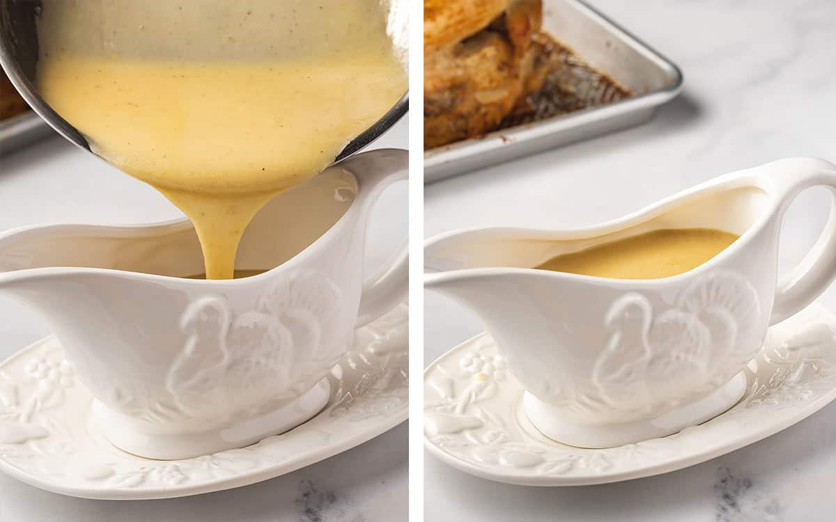 Set of two photos showing gravy added to a gravy boat.