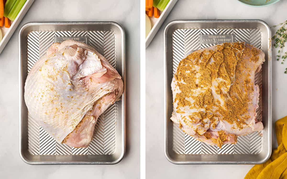 Set of two photos showing the butter mixture added under the skin of a turkey breasts and on top.