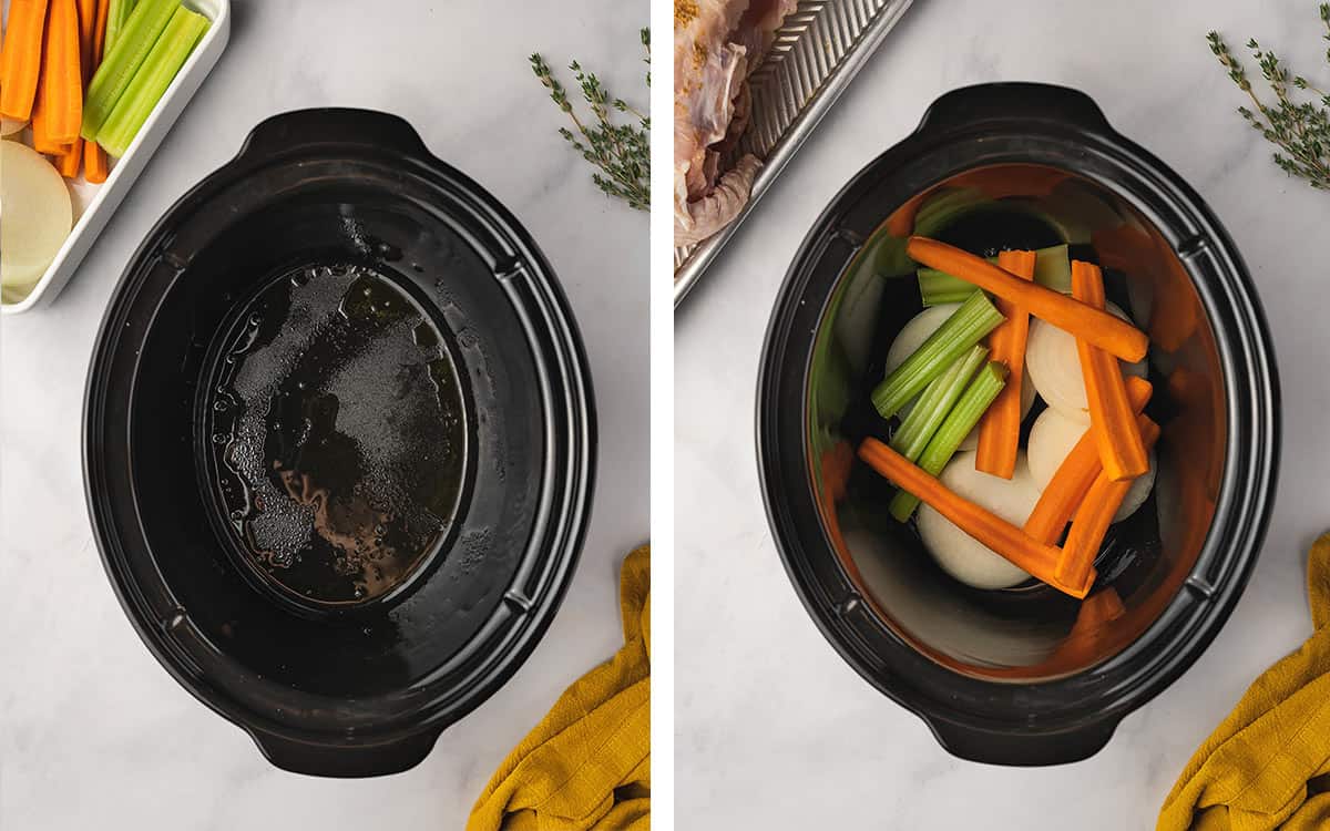 Set of two photos showing a slow cooker sprayed with non-stick and vegetables added.