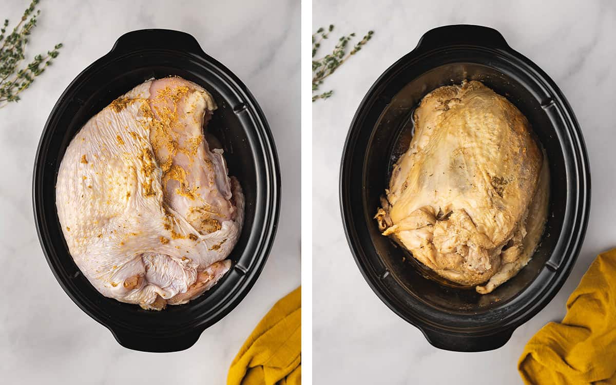 Set of two photos showing turkey breast before and after slow cooking.