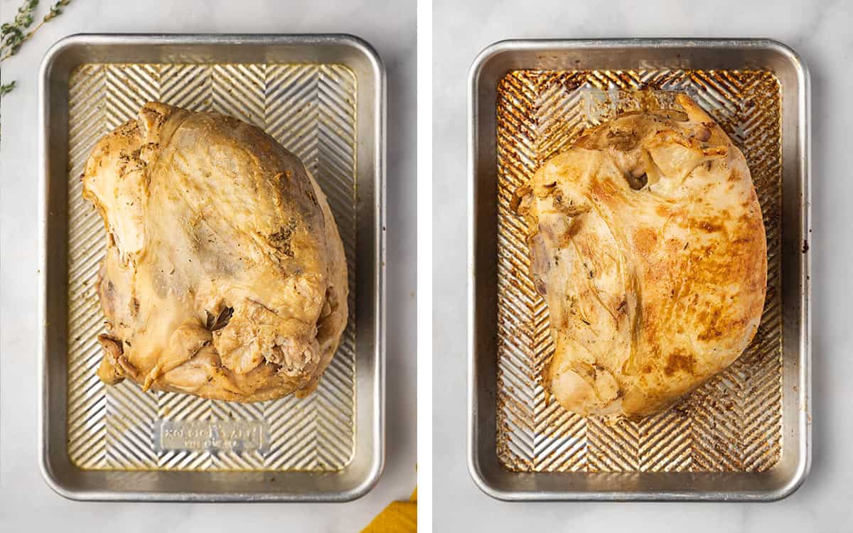 Set of two photos showing the turkey before and after broiling.