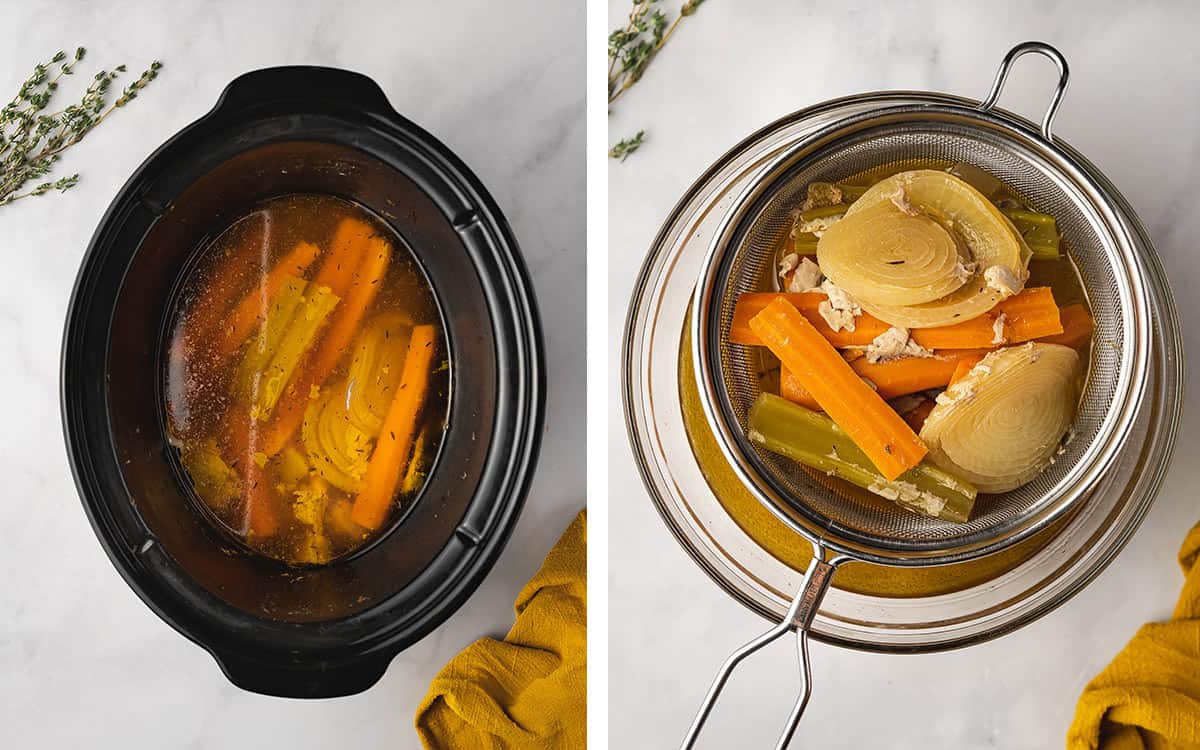 Set of two photos showing the liquid left in the slow cooker strained into a bowl.