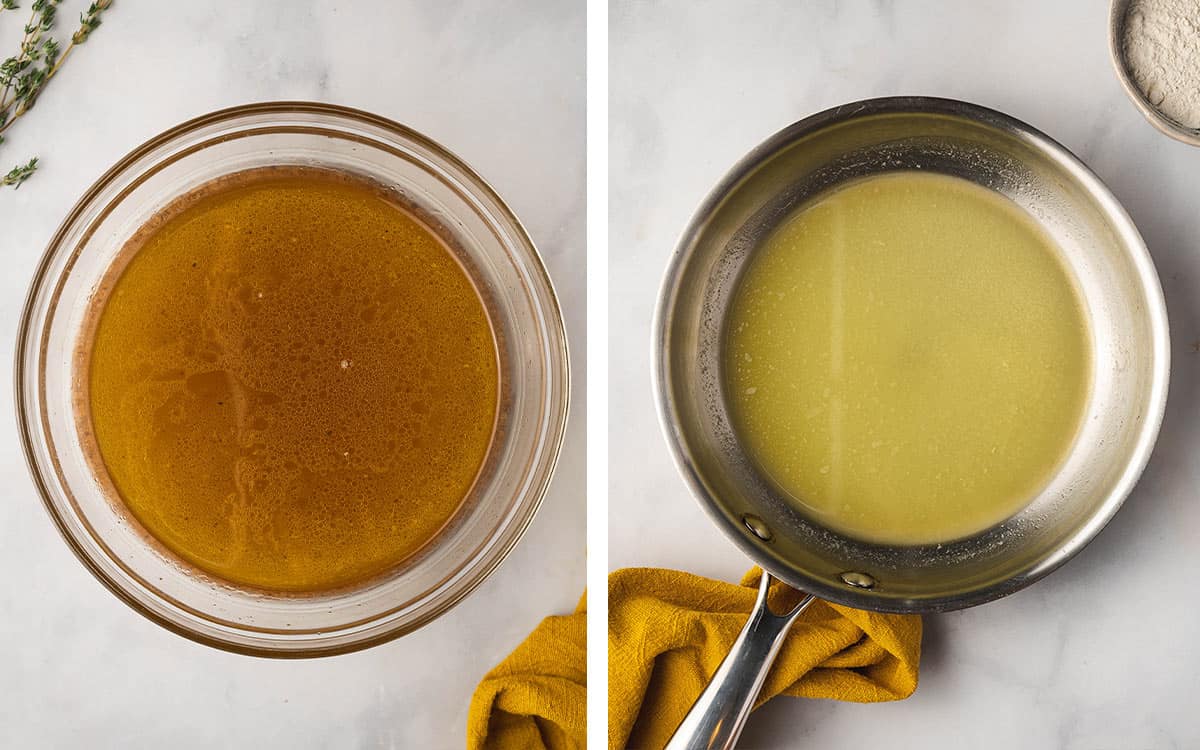 Set of two photos showing the bowl of drippings and butter melted ina pan.