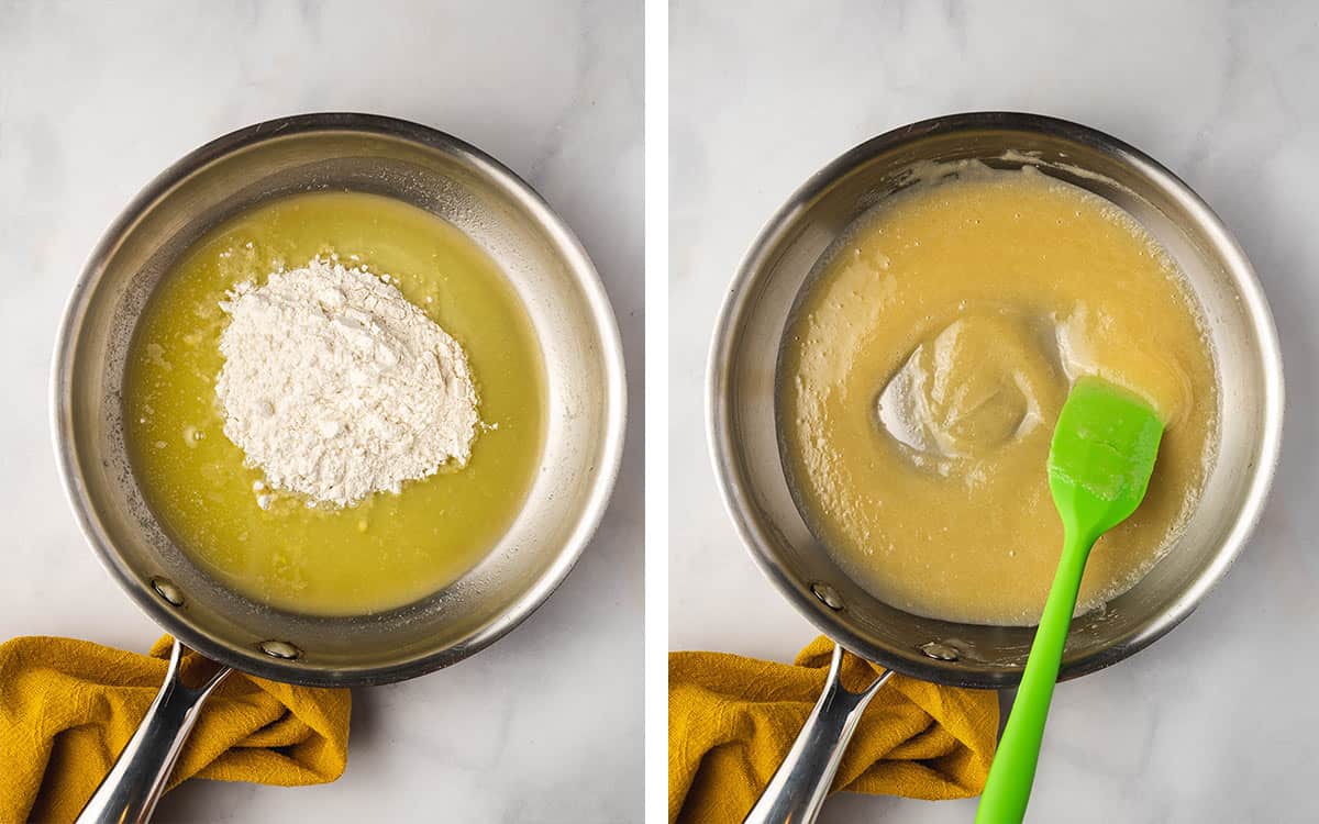 Set of two photos showing flour mixed into the melted butter in a pan.