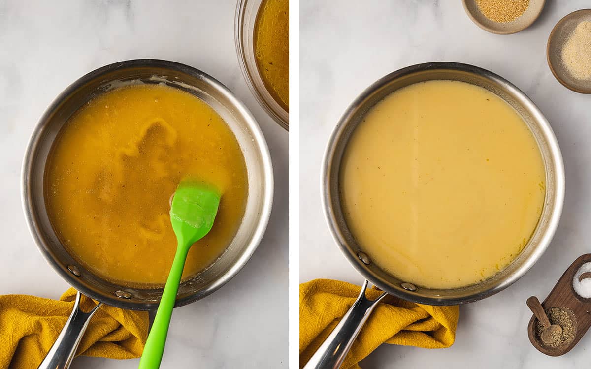 Set of two photos showing of broth added to the pan of roux, making a gravy.