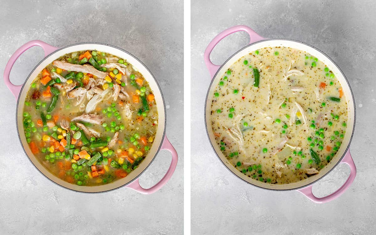 Set of two photos showing turkey, vegetables, and cream added to the pot.