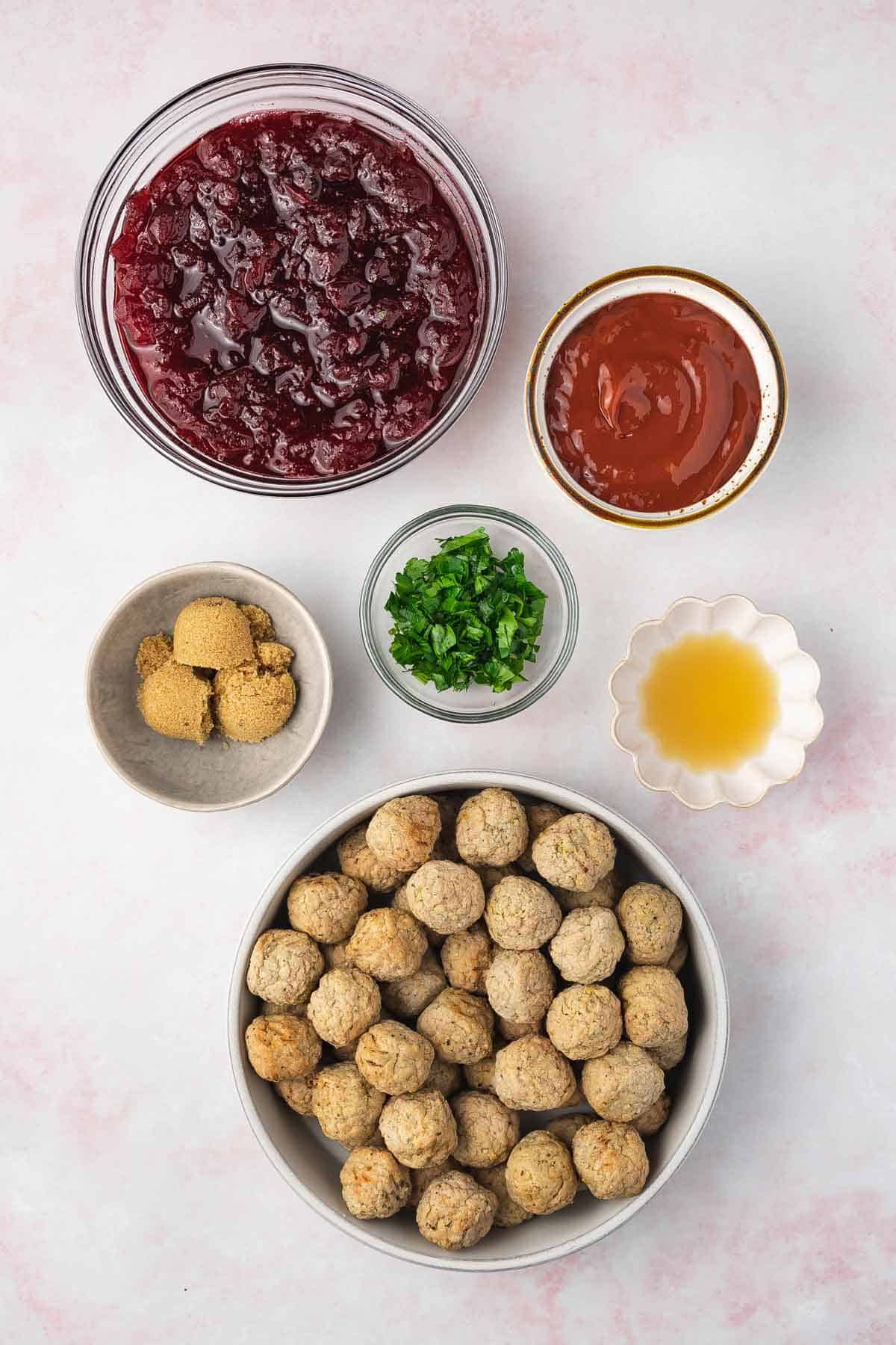 Ingredients needed to make slow cooker cranberry meatballs.