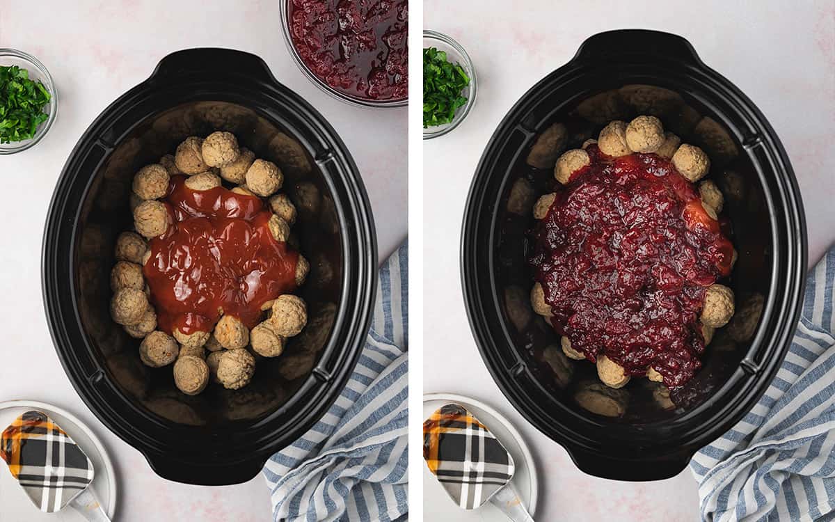 Set of two photos showing meatballs in a slow cooker with sauce and cranberry sauce added.