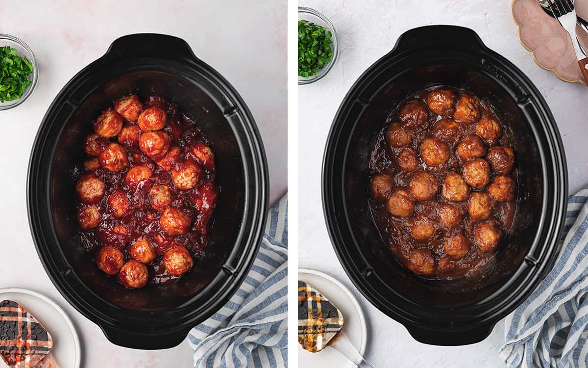 Set of two photos showing meatballs mixed in the sauce and cooked in the slow cooker.
