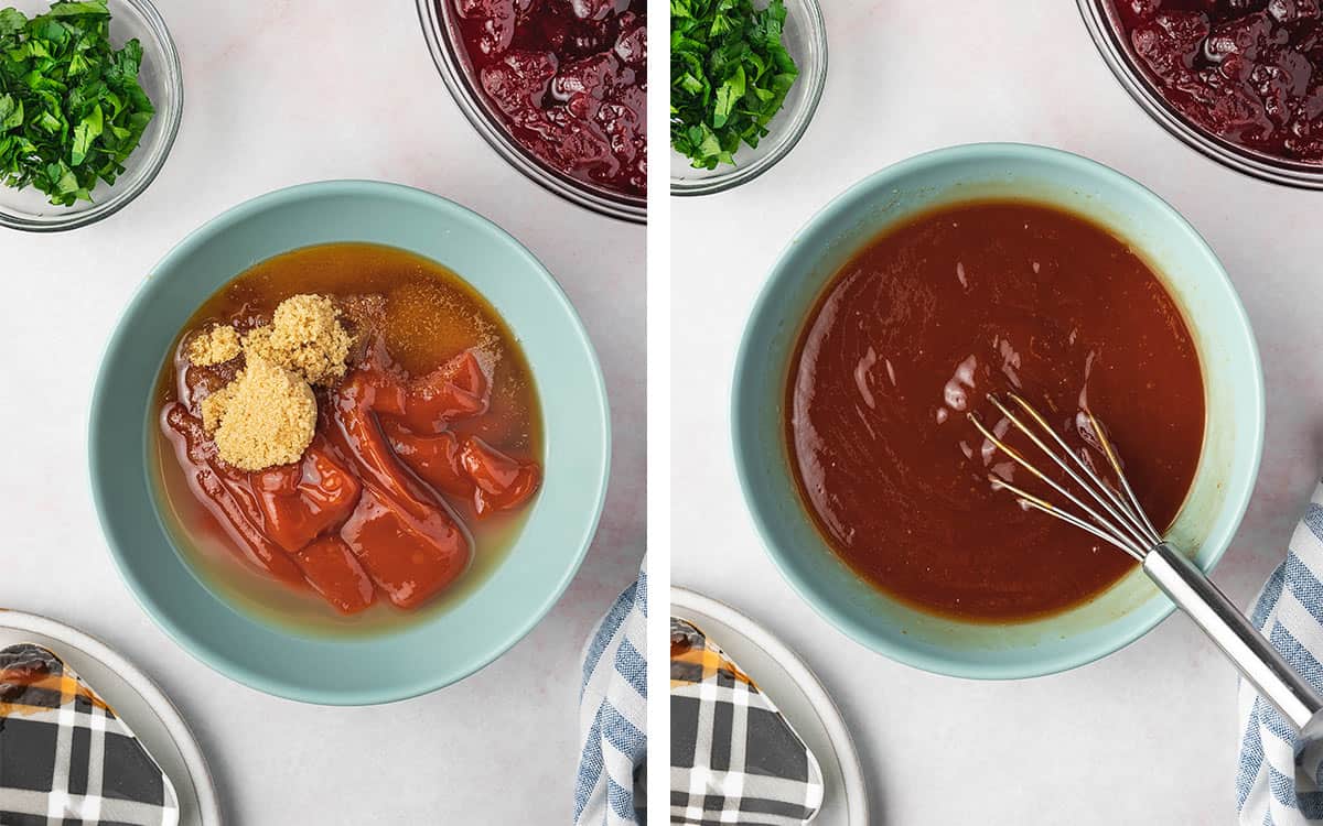 Set of two photos showing sauce ingredients added to a bowl and whisked to combine.