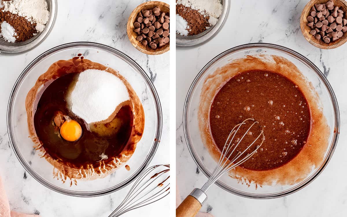 Set of two photos showing sugars and eggs mixed into the chocolate.