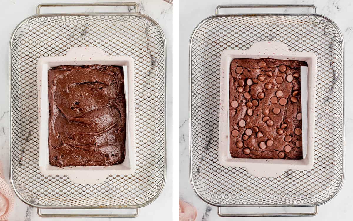 Set of two photos showing before and after the brownies are air fried.