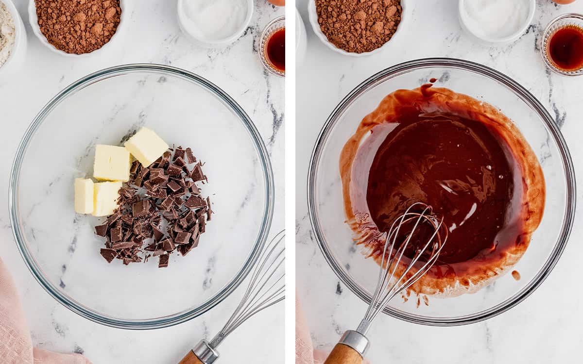 Set of two photos showing chocolate melted and mixed.