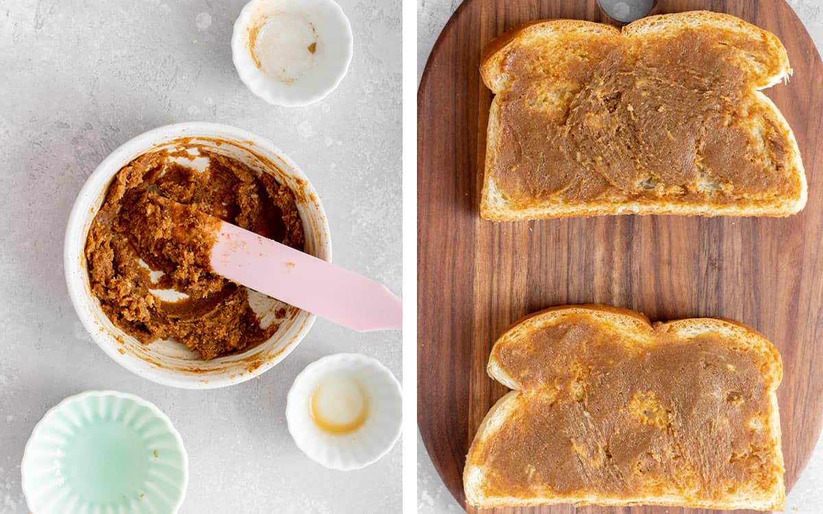 Set of two photos showing cinnamon butter mixed together and spread onto bread.