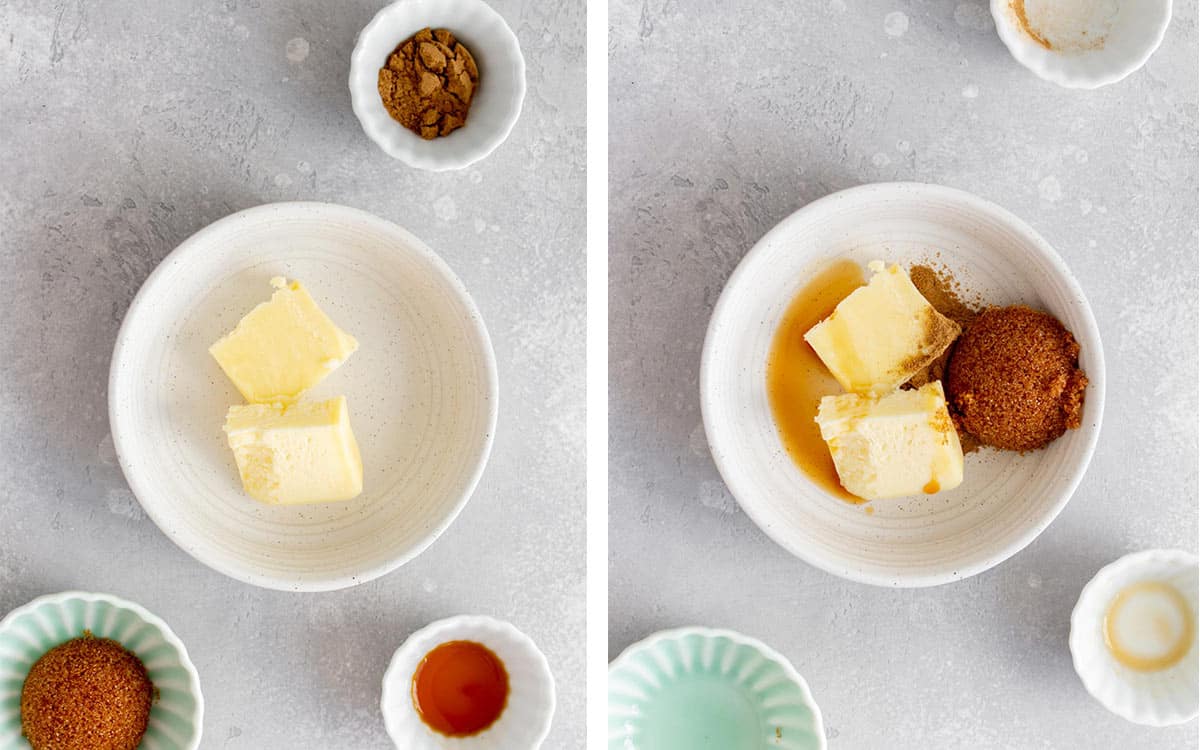 Set of two photos showing butter in a bowl then sugar, vanilla, and cinnamon added on top.