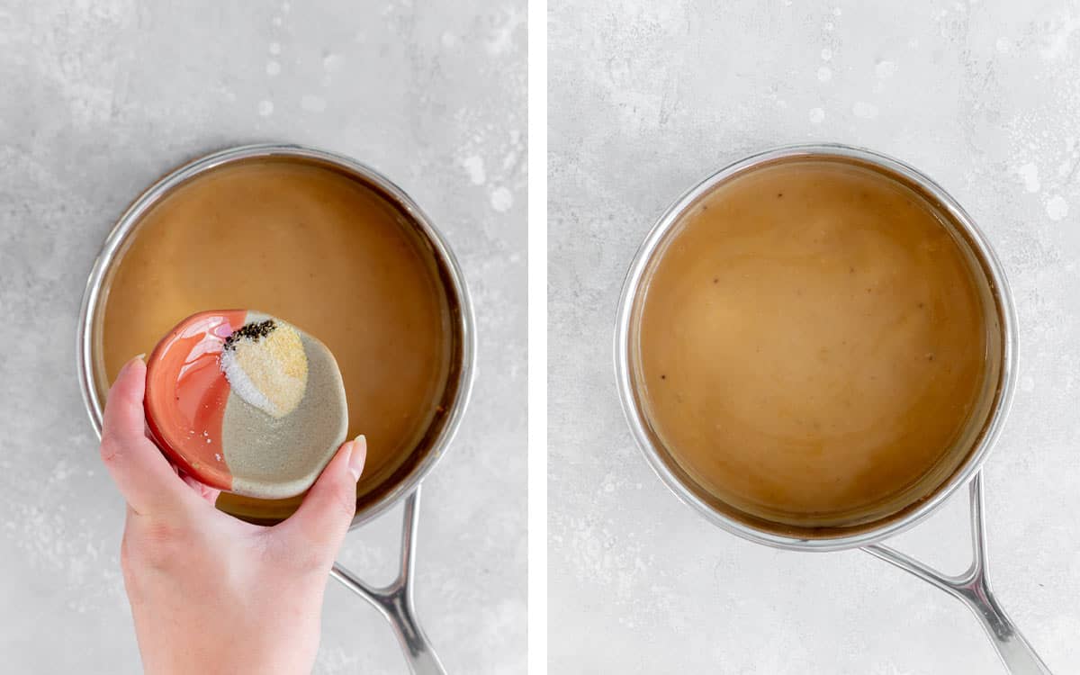 Set of two photos showing seasoning added to a pot of gravy.