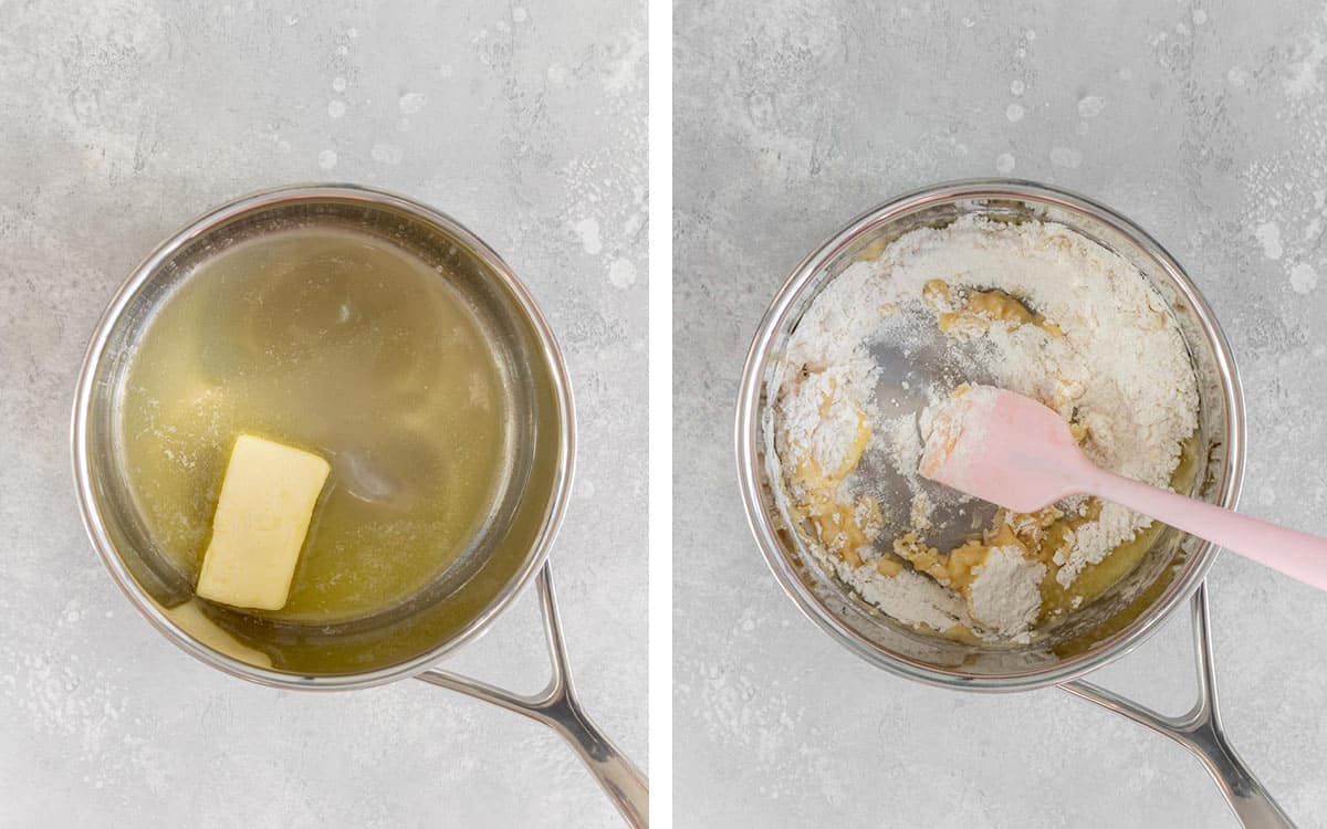 Set of two photos showing butter melting in a pot and flour added to it.