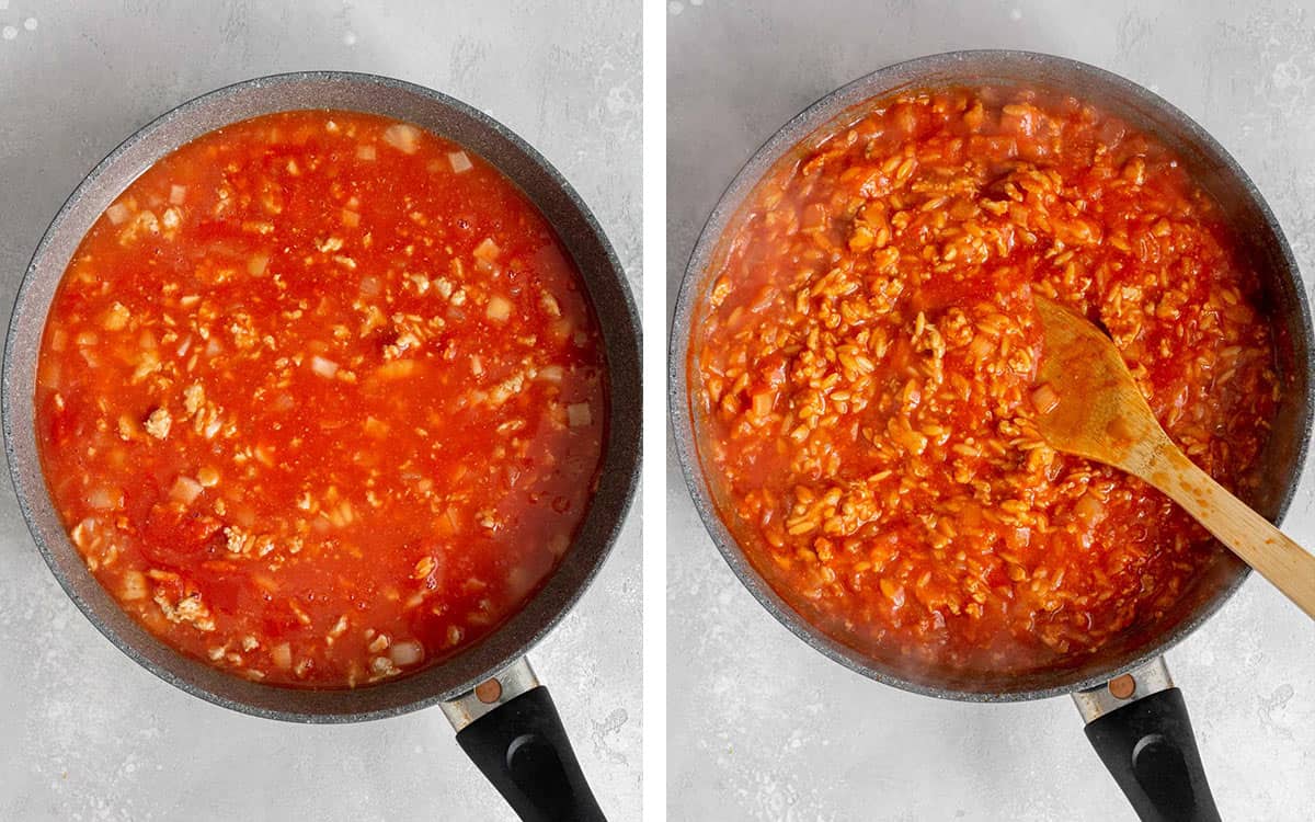Set of two photos showing passata sauce added to the skillet of orzo and simmered.