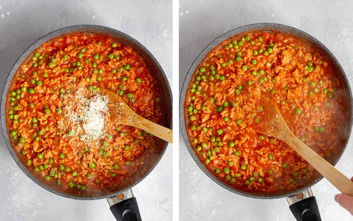 Set of two photos showing peas and parmesan mixed into the skillet of orzo.