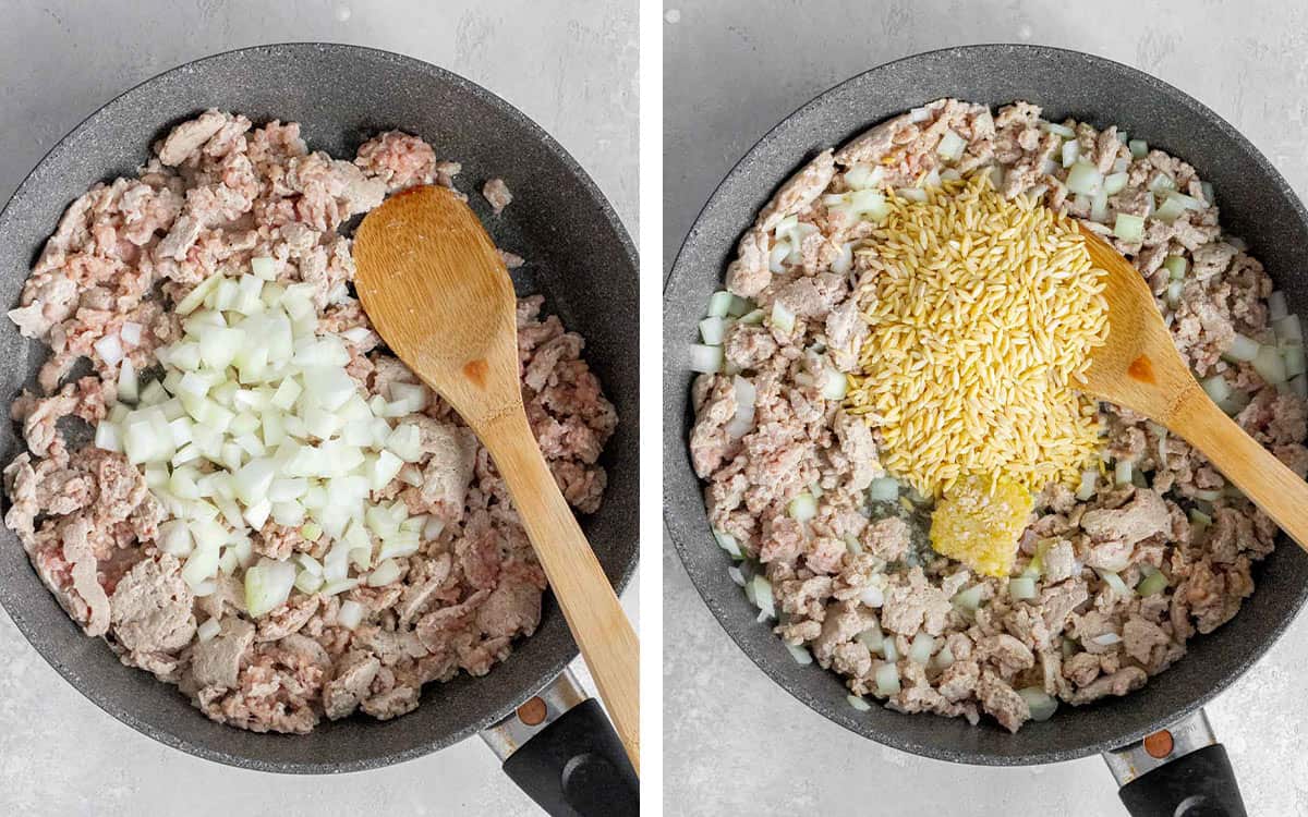 Set of two photos showing ground turkey, onions, garlic, and orzo cooked in a skillet.