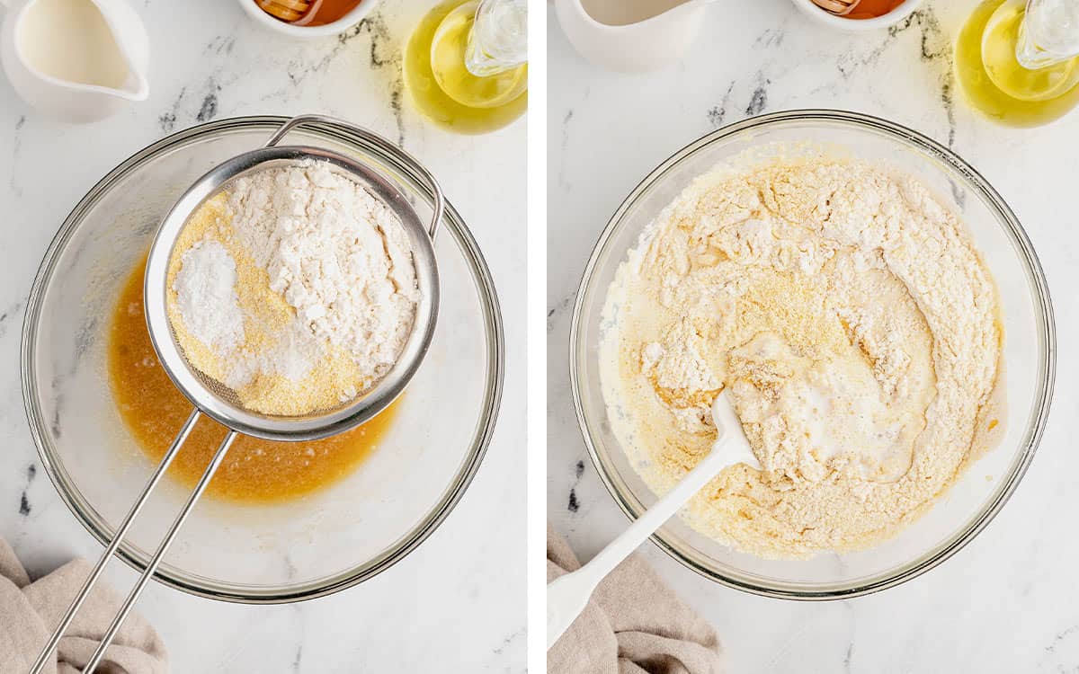 Set of two photos showing the dry ingredients sifted into the wet and mixed.