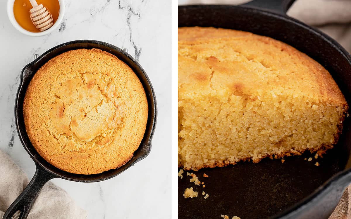 Set of two photos showing a baked skillet cornbread and it cut open.