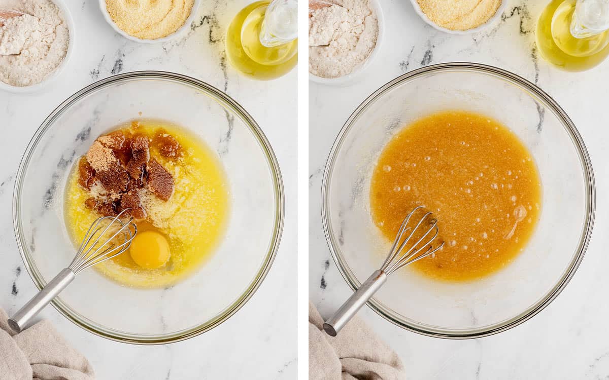 Set of two photos showing the wet ingredients whisked in a bowl.