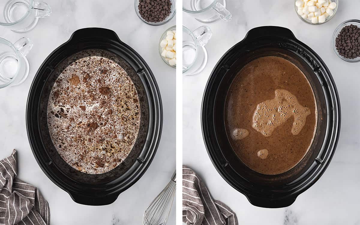 Set of two photos showing all ingredients added to the slow cooker and whisked.