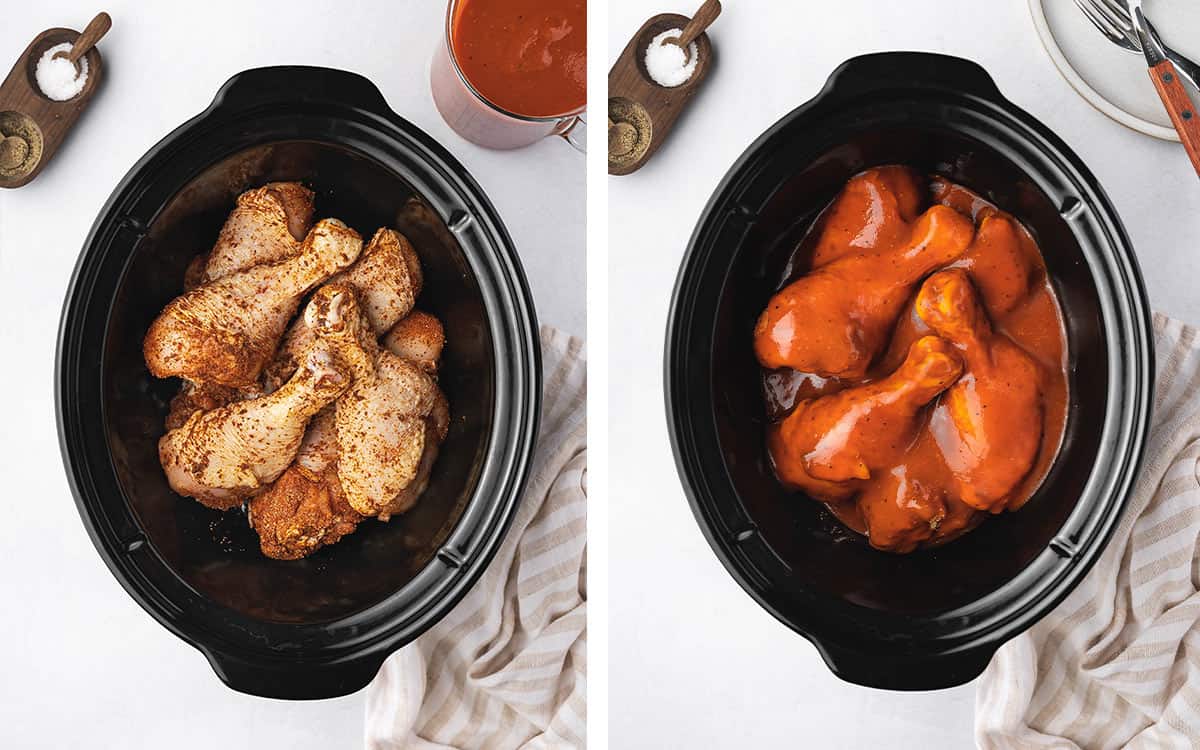 Set of two photos showing seasoned drumsticks added to the slow cooker and then sauce poured on top.