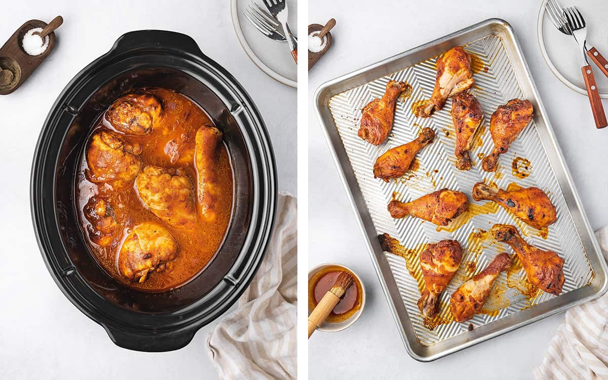 Set of two photos showing the slow cooker chicken drumsticks after cooking and transferred to a sheet pan to broil.