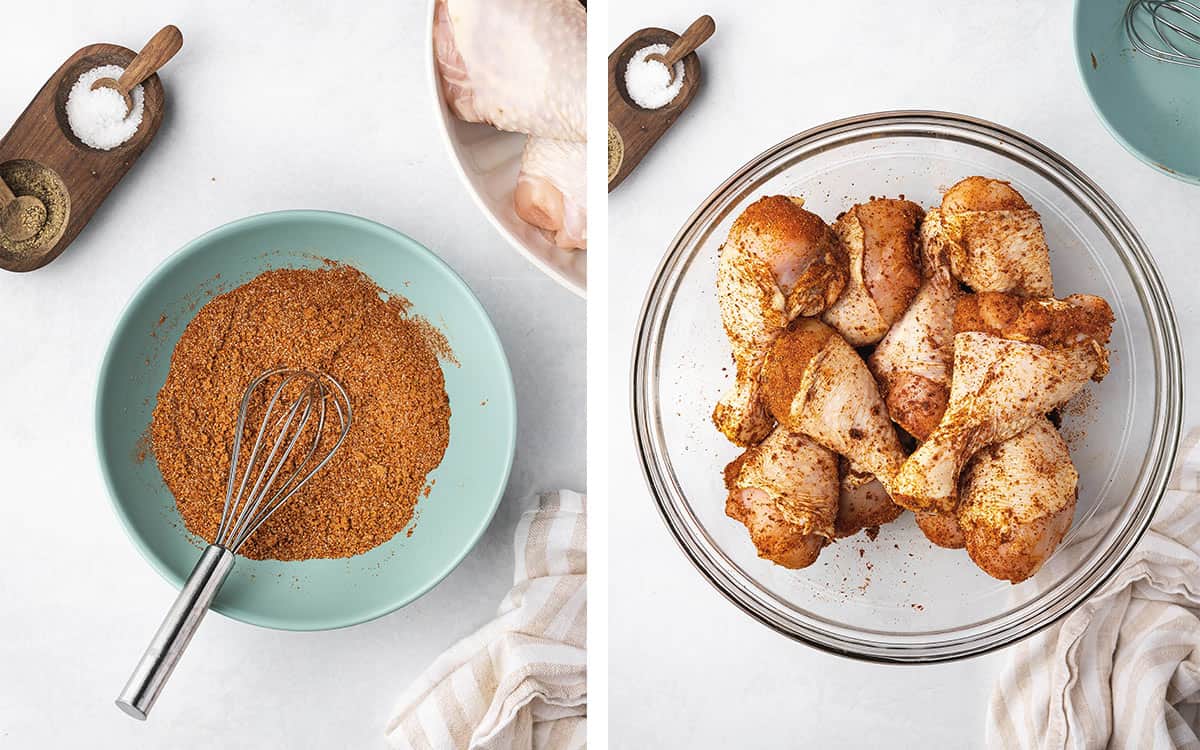 Set of two photos showing spices whisked together and added to the chicken.
