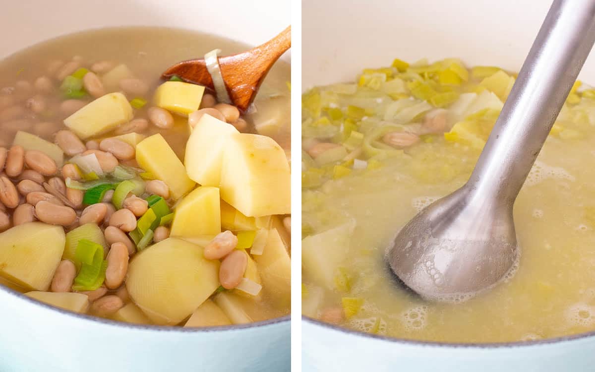 Set of two photos showing potatoes, white beans, and broth added to a pot then blended with an immersion blender.