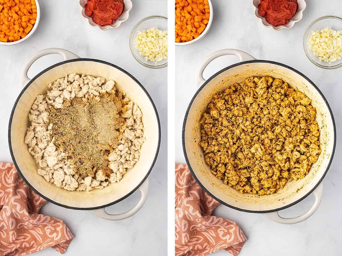 Set of two photos showing seasoning added to the chicken and tossed to coat.