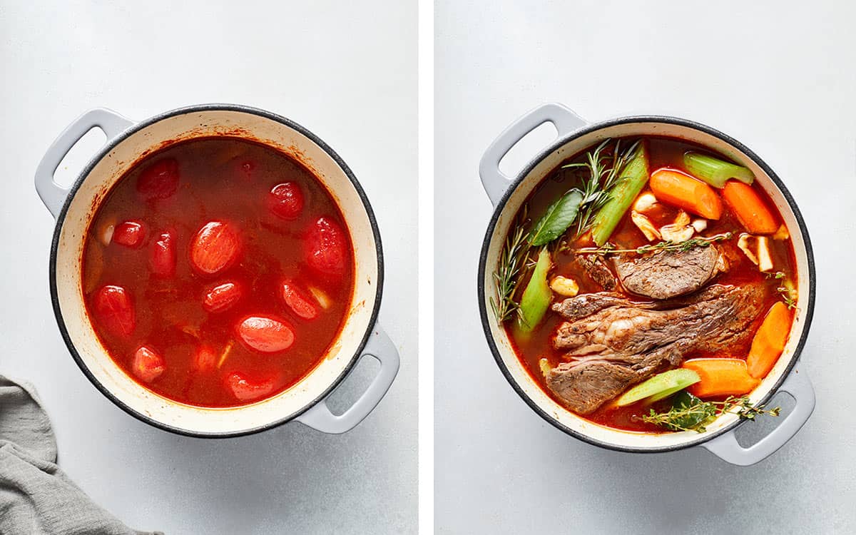 Set of two photos showing tomatoes and the rest of the pot roast ingredients added to the pot.