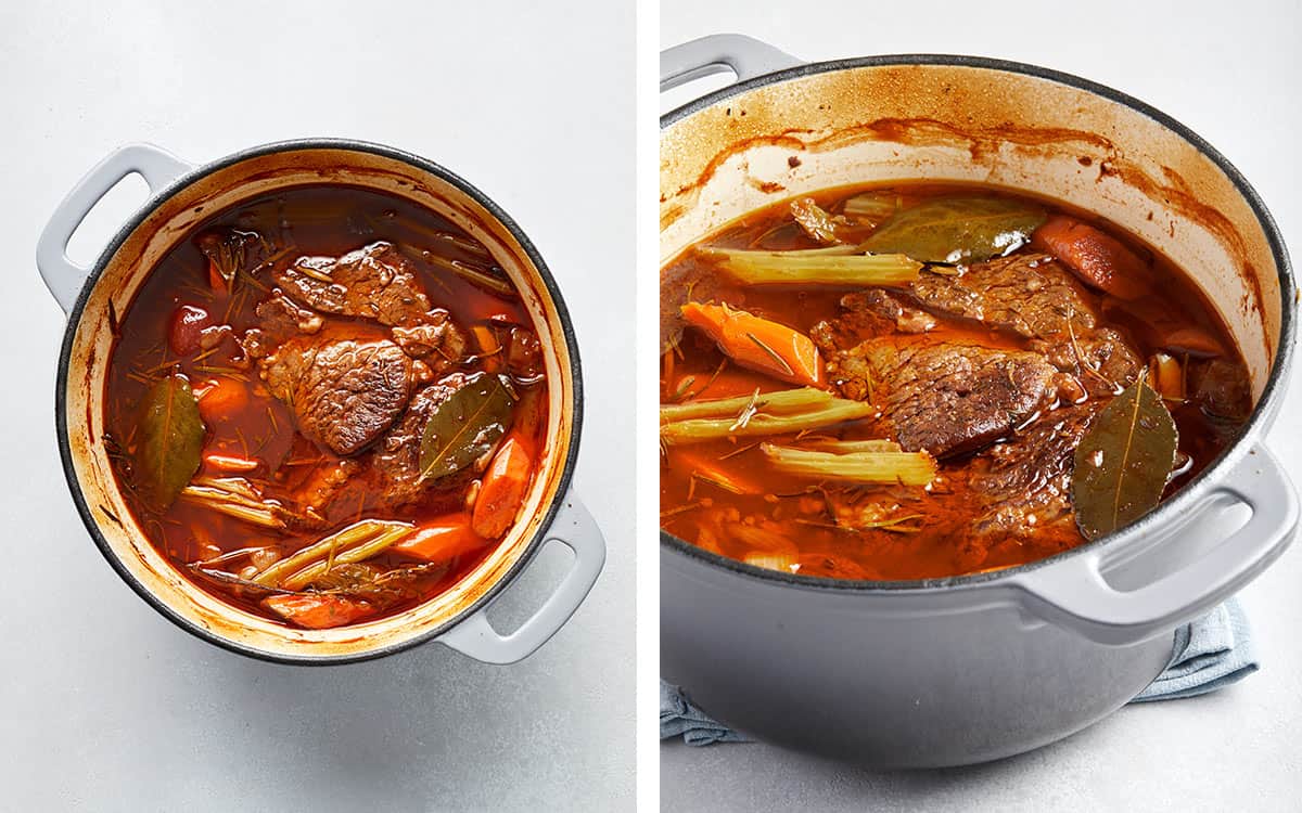 Set of two photos showing the overhead and side view of dutch oven pot roast.