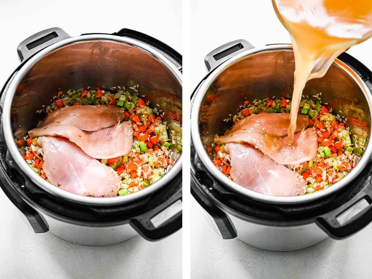 Set of two photos showing chicken breasts and broth added to the pressure cooker.