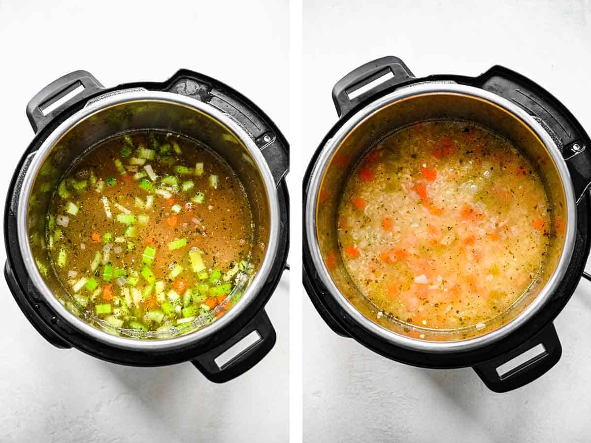 Set of two photos showing before and after the soup cooked.