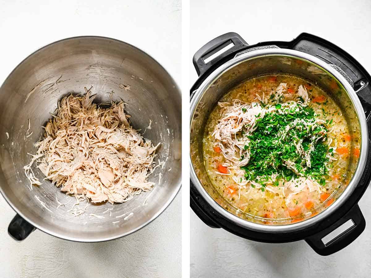 Set of two photos showing chicken shredded and added back to the soup with parsley.