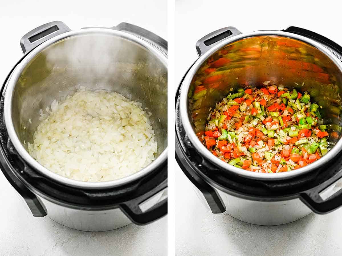 Set of two photos showing onions and veggies added to a pressure cooker.