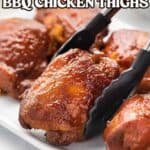 Pinterest graphic of slow cooker bbq chicken thighs being lifted by a tong.