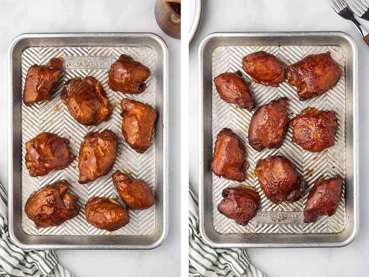 Set of two photos showing before and after bbq chicken thighs broiled on a sheet pan.
