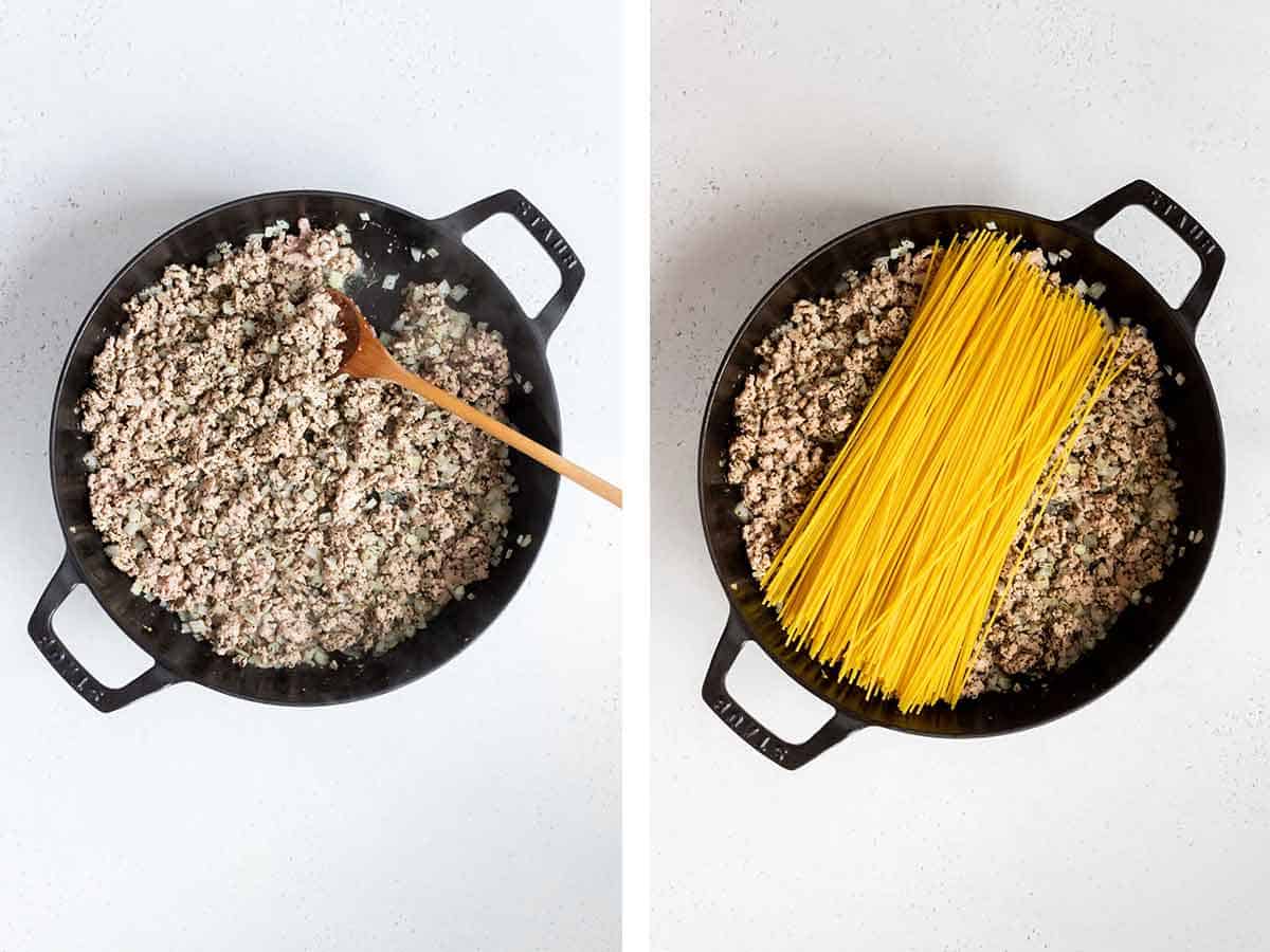 Set of two photos showing cooked meat and noodles in a skillet.