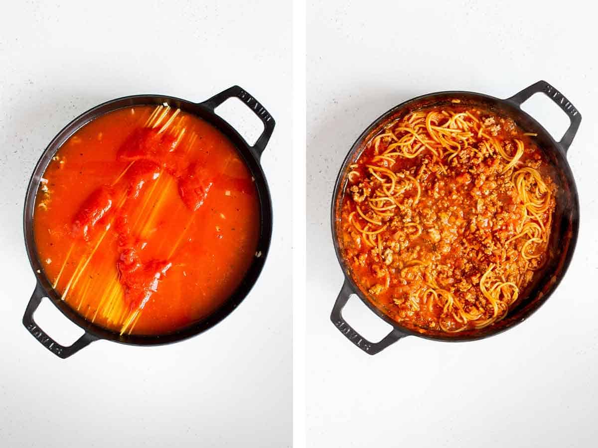 Set of two photos showing tomato sauce and broth added to a skillet and everything cooked together.