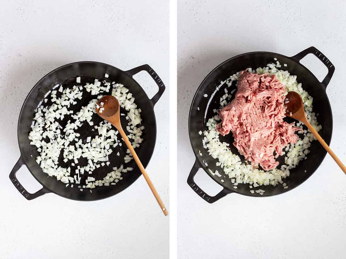 Set of two photos showing onions and ground turkey in a skillet.
