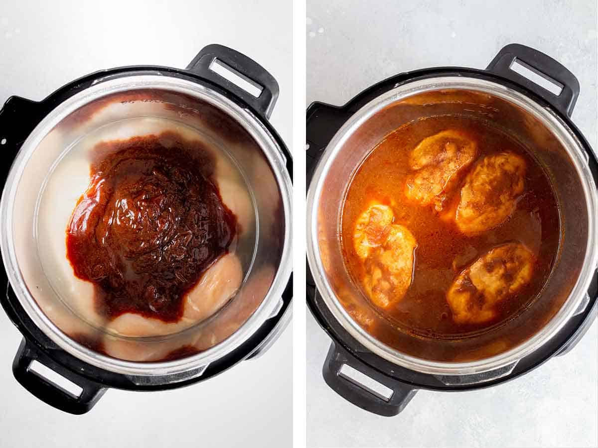 Set of two photos showing bbq sauce added to the chicken in the instant pot and pressured cooked.