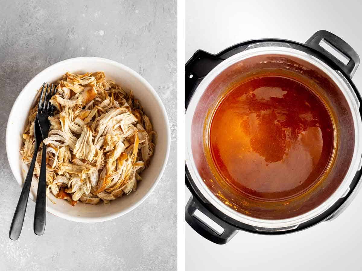 Set of two photos showing shredded sauce in a bowl and bbq sauce cooked down in an instant pot.