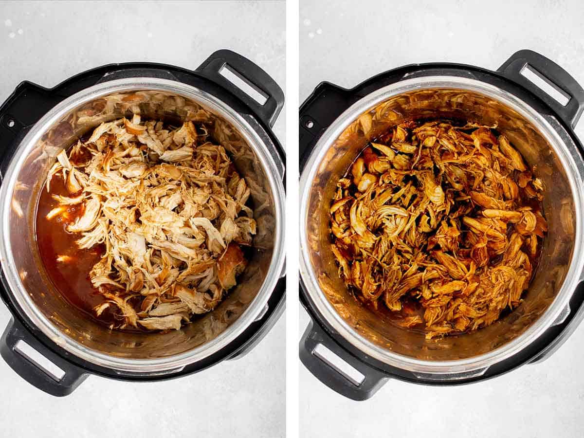 Set of two photos showing shredded chicken tossed in bbq sauce.