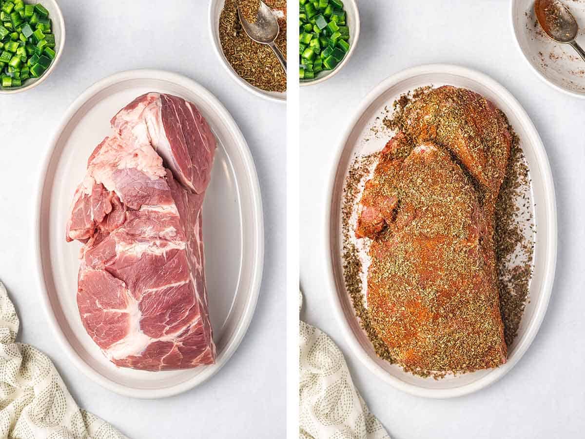Set of two photos showing pork on a plate seasoned.