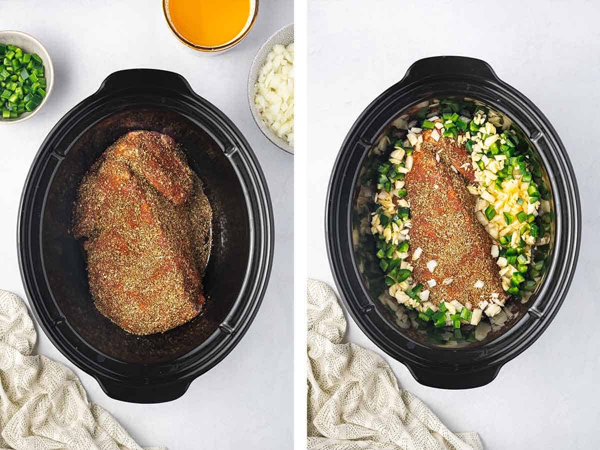 Set of two photos showing seasoned pork and aromatics added to a crock pot.